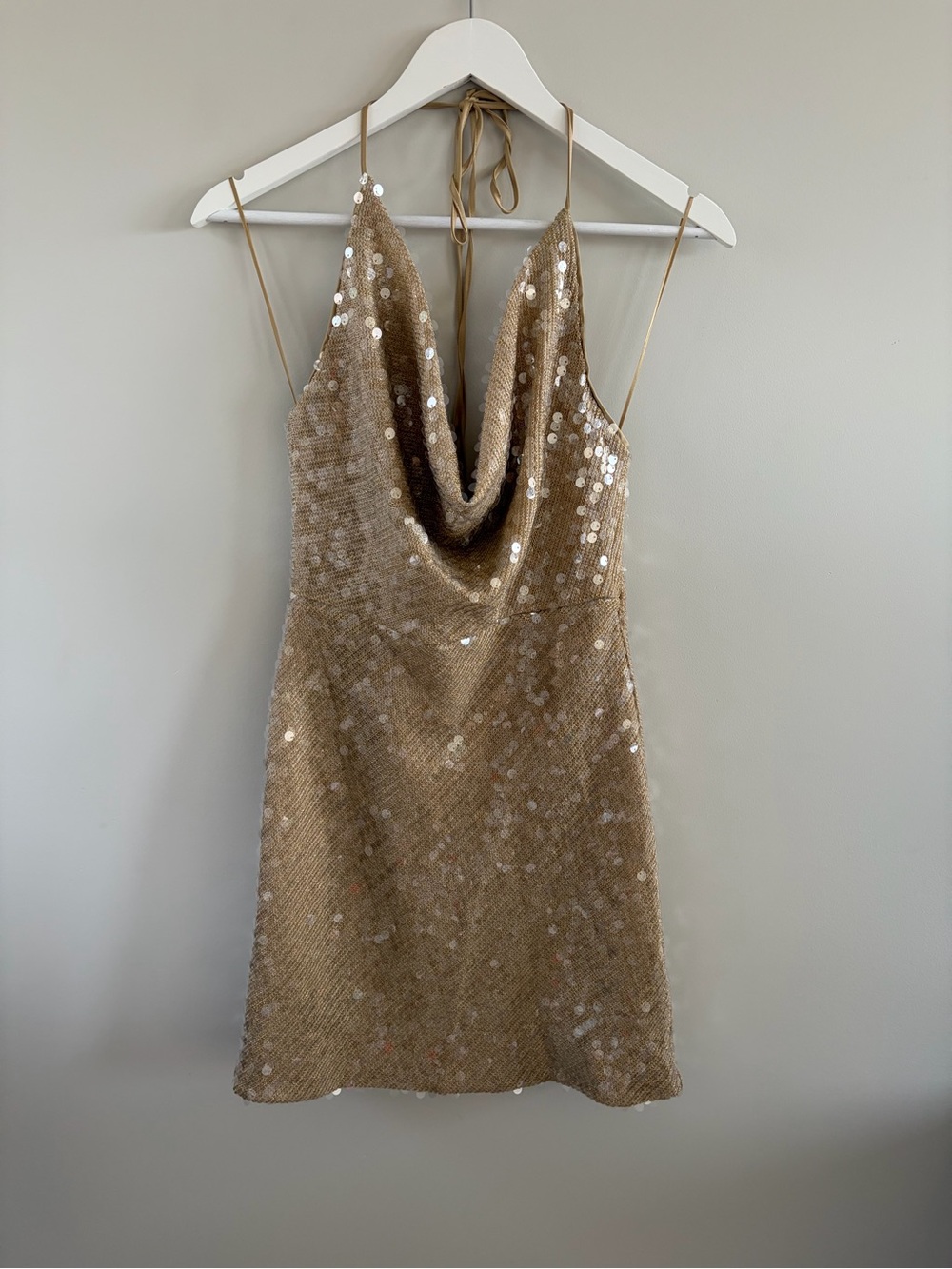 Dynamite Gold Sequin Cowl Neck Mini Dress